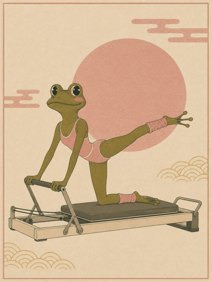 Pilates Frog Art Print: Whimsical Japanese Style Illustration - artwork on paper