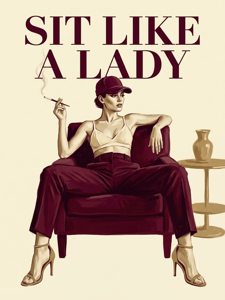 Sit Like a Lady Art Print: Vintage Fashion Poster in Burgundy - artwork on paper