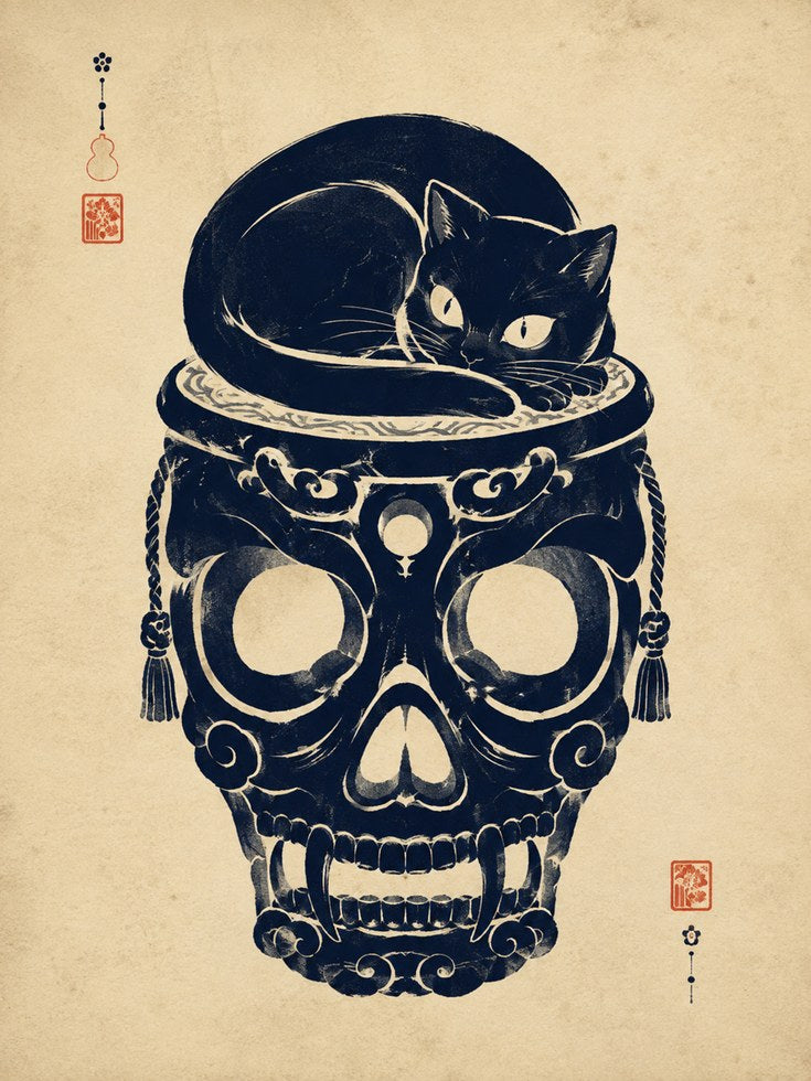 Japanese Cat Skull Art – Black Cat Print - artwork on paper