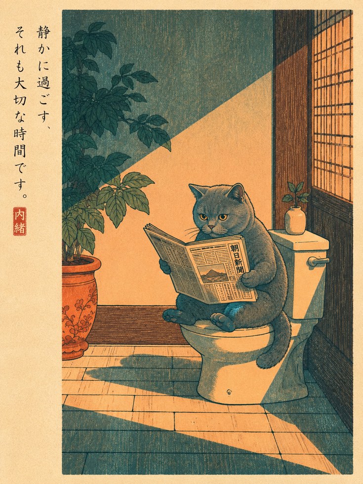 Japanese Cat Reading Newspaper Art - artwork on paper