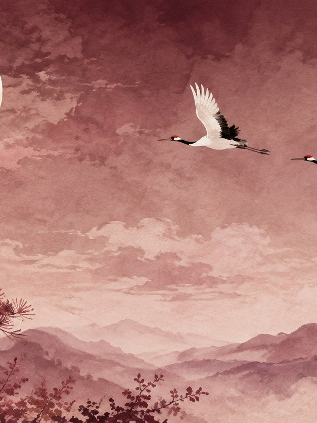 Japanese Crane Flight Print: Pink Mountain Landscape Wall Art - artwork on paper