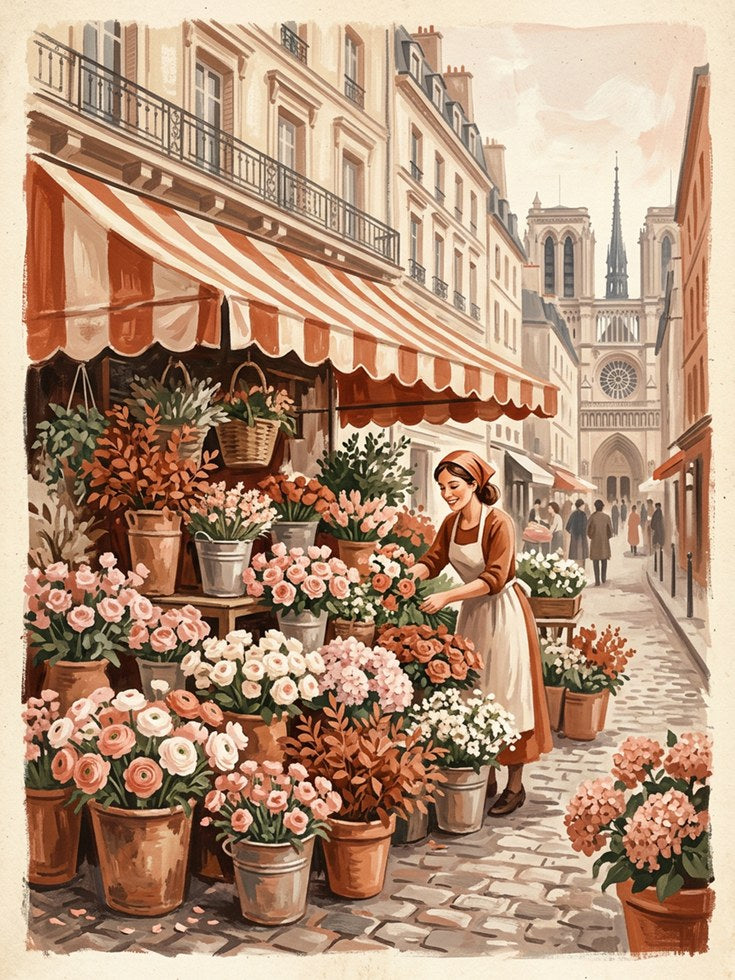 Parisian Flower Market Wall Art: Vintage European Street Scene - artwork on paper