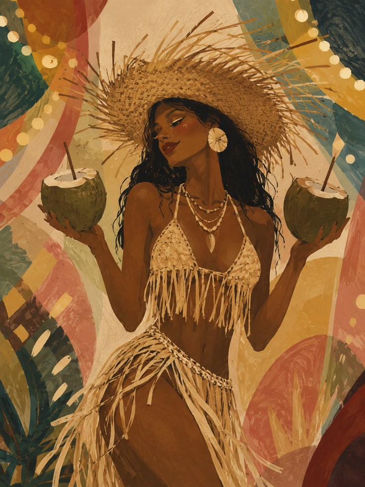 Tropical Beach Woman with Coconuts Art Print: Warm Bohemian Style - artwork on paper