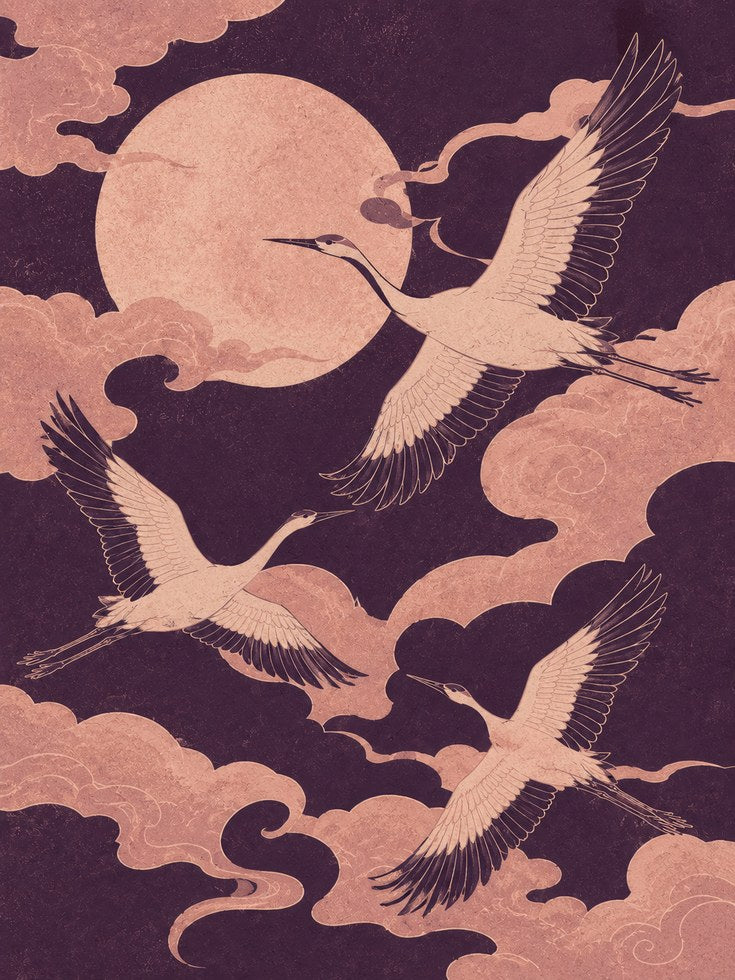 Japanese Crane Art Print: Moon & Cloud Design in Pink and Purple - artwork on paper