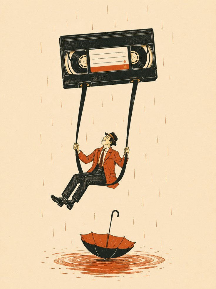 Nostalgic VHS Tape Print: Retro Swing Illustration in Warm Tones - artwork on paper