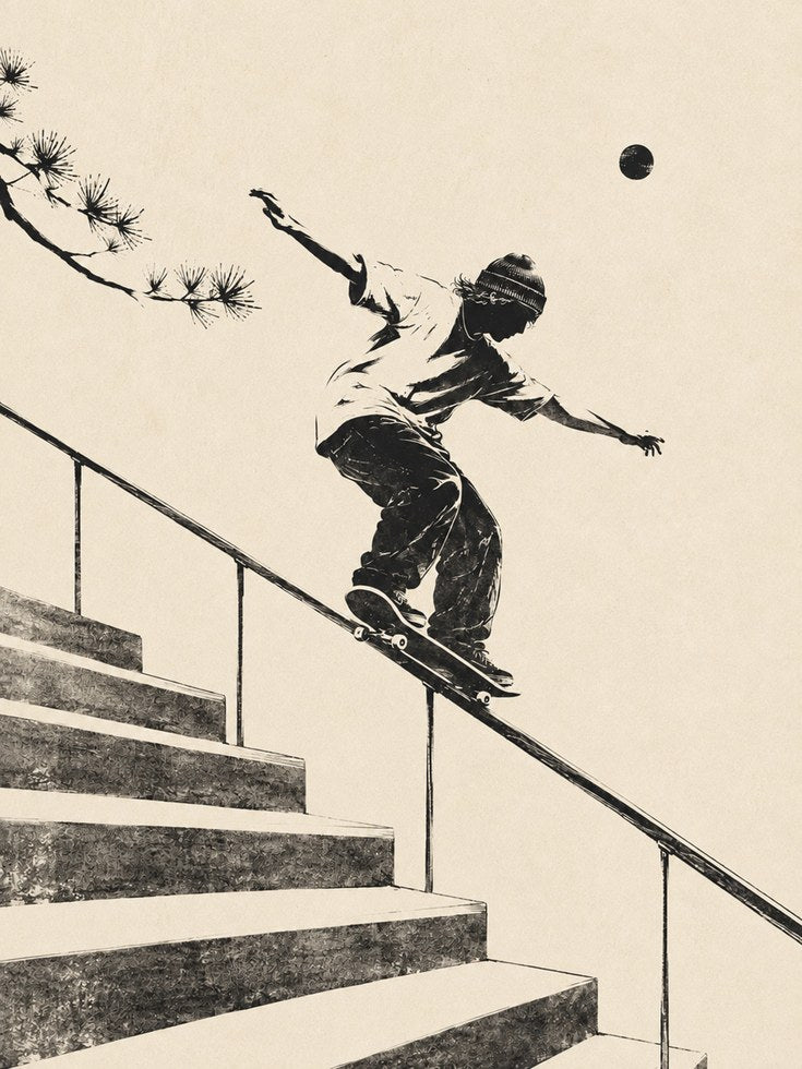 Skateboard Grind Art Print: Japanese Ink Style Urban Sports - artwork on paper