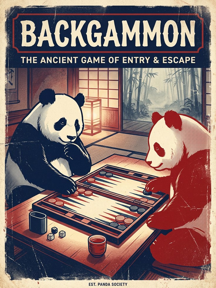 Backgammon Pandas Poster: Vintage Japanese Game Room Art Print - artwork on paper
