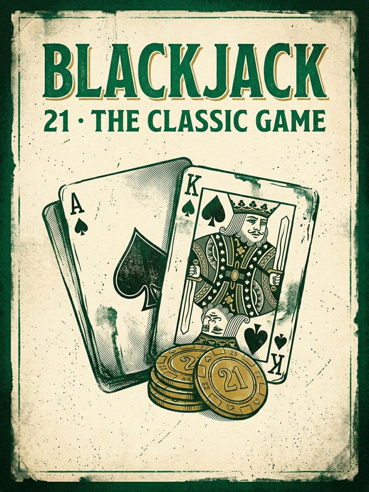 Blackjack Vintage Poster: Retro Casino Card Game Wall Art - artwork on paper