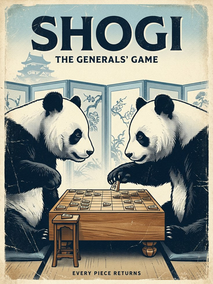 Shogi Pandas Art Print: Vintage Japanese Board Game Poster - artwork on paper