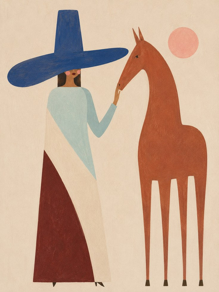 Folk Art Print – Woman and Horse Wall Art - artwork on paper