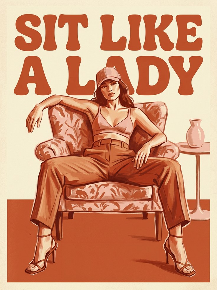 Sit Like A Lady Poster: Retro Feminist Art in Burnt Orange Tones - artwork on paper