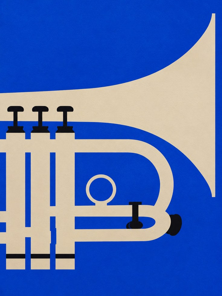 Jazz Trumpet Illustration — Bold Geometric Blue & Beige - artwork on paper