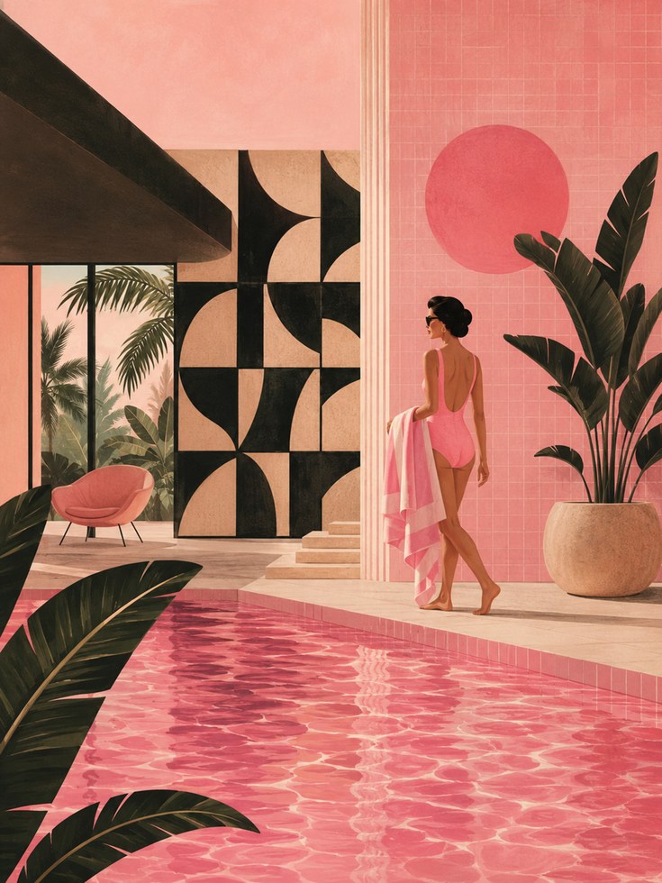 Palm Springs Pool House Art Print: Mid-Century Modern Pink Interior - artwork on paper