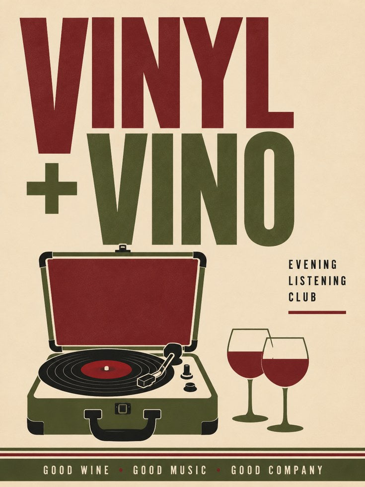 Vinyl + Vino Retro Poster — Mid-Century Music & Wine Print - artwork on paper