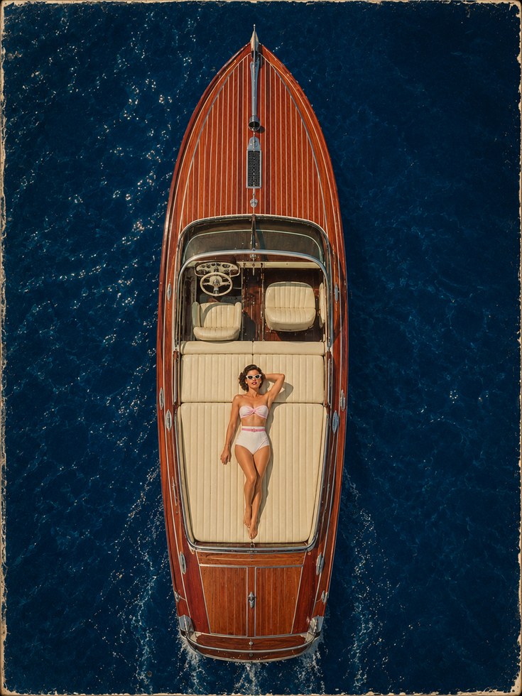 Vintage Wooden Speedboat Aerial Print - artwork on paper