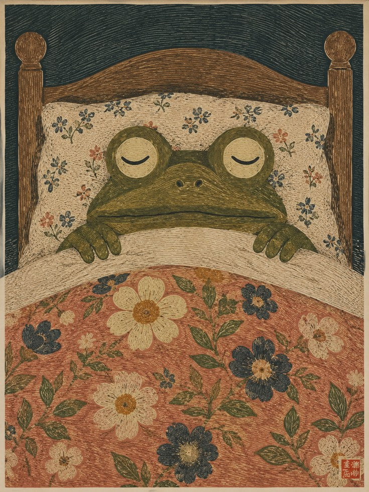 Frog in Bed Wall Art – Vintage Folk Art Print - artwork on paper