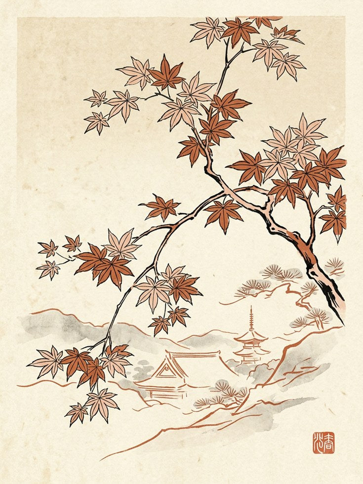 Japanese Maple Branches Art Print: Traditional Asian Landscape - artwork on paper