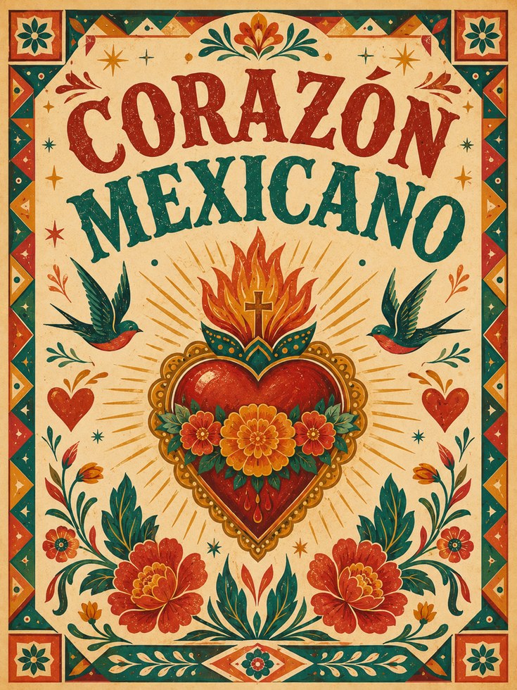 Corazón Mexicano Folk Art Print – Sacred Heart - artwork on paper