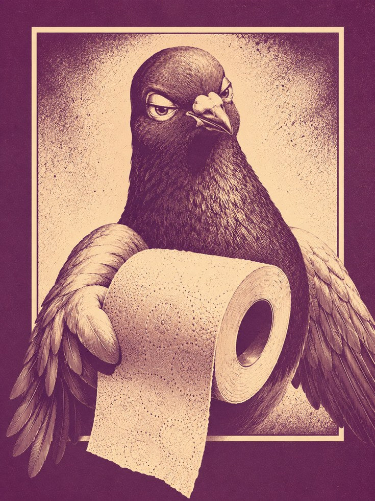 Pigeon Bathroom Print: Vintage Style Humor (Purple and Beige) - artwork on paper