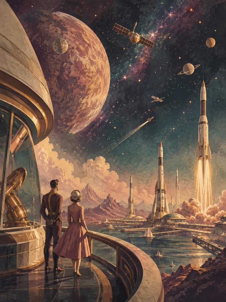 Retro Futuristic Space Colony Art Print: Golden Age Sci-Fi - artwork on paper