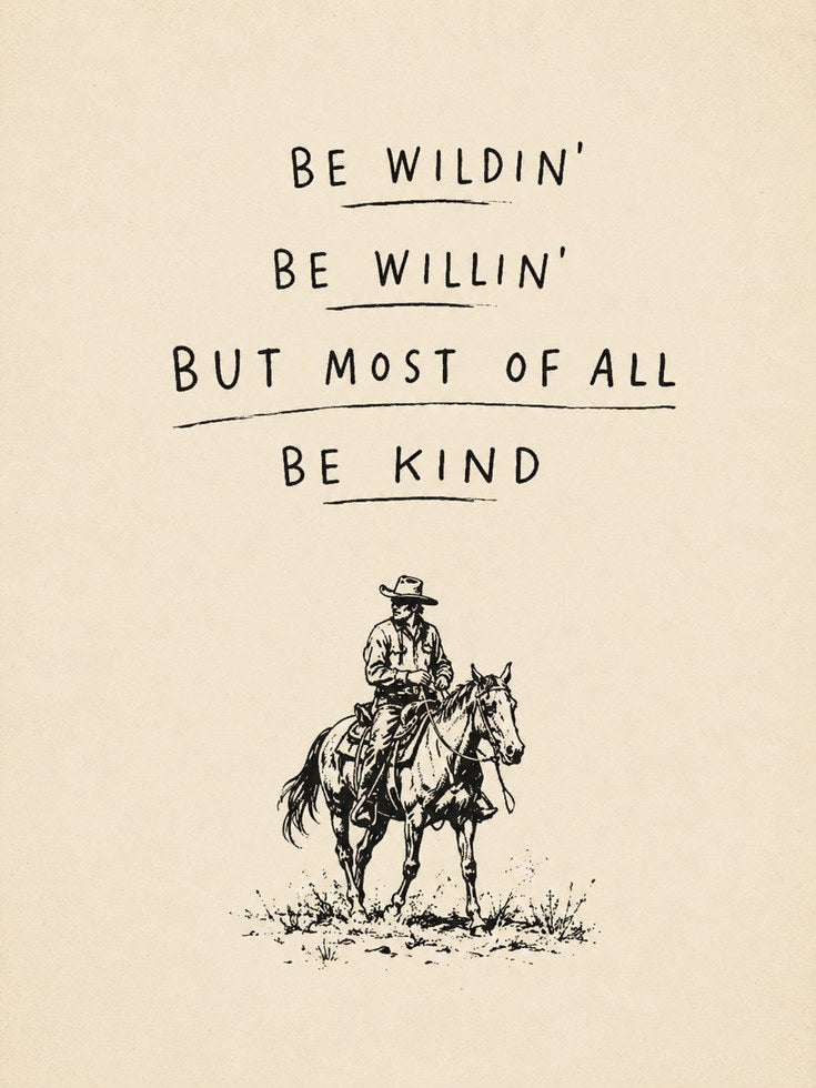 Be Wildin Be Kind Cowboy Print: Western Motivational Wall Art - artwork on paper