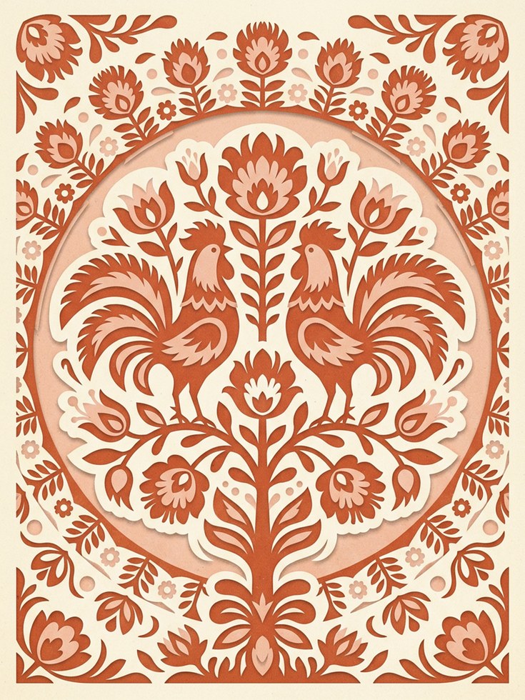 Folk Art Rooster Print: Symmetrical Terracotta Floral Design - artwork on paper