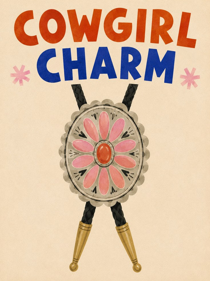 Cowgirl Charm Bolo Tie Print: Vintage Western Folk Art Poster - artwork on paper