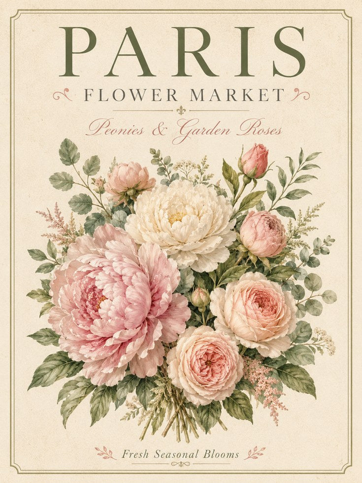 Paris Flower Market Print — Vintage Botanical Peonies & Roses - artwork on paper