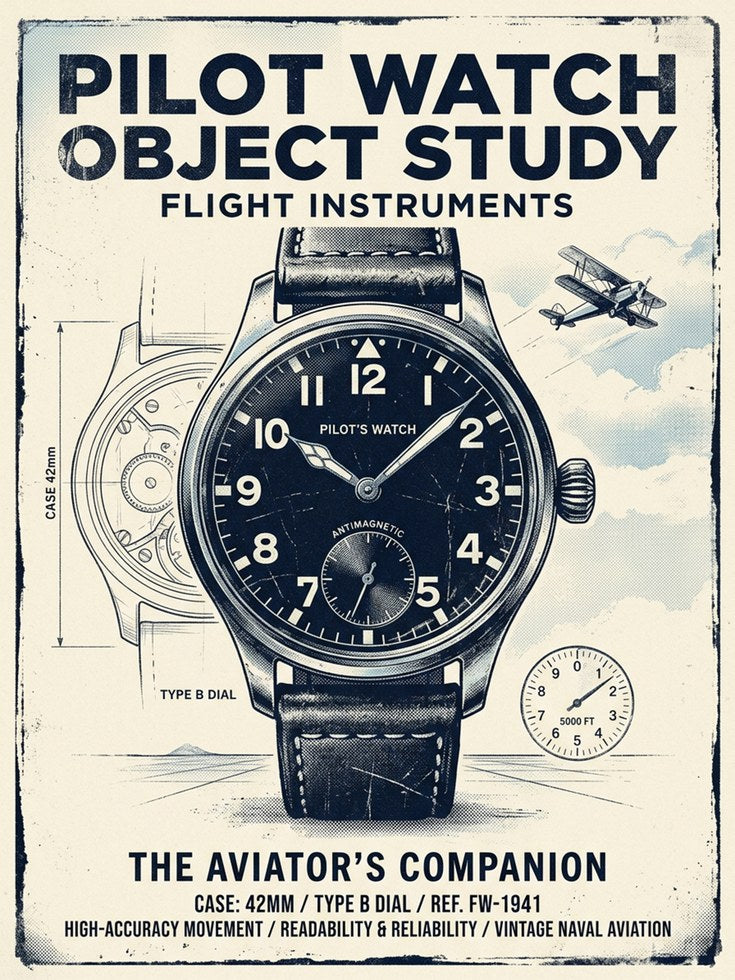Pilot Watch Object Study Poster: Vintage Aviation Blueprint Art - artwork on paper