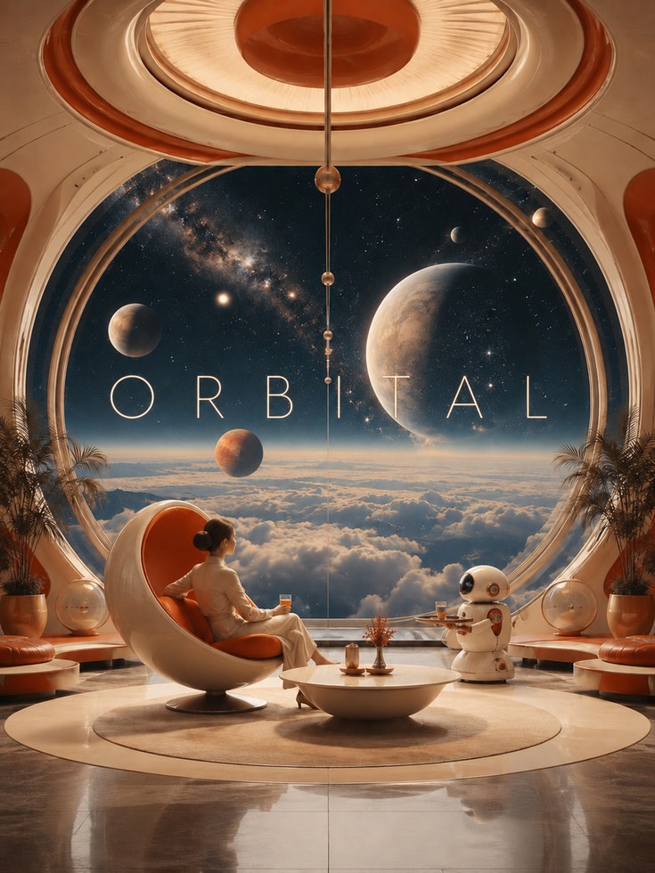 Orbital Space Lounge Art Print: Retro Futuristic Interior Design - artwork on paper