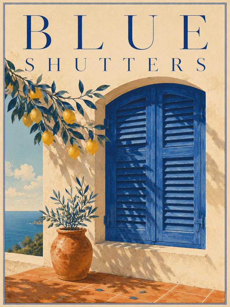 Mediterranean Blue Shutters Print: Coastal Village Wall Art - artwork on paper