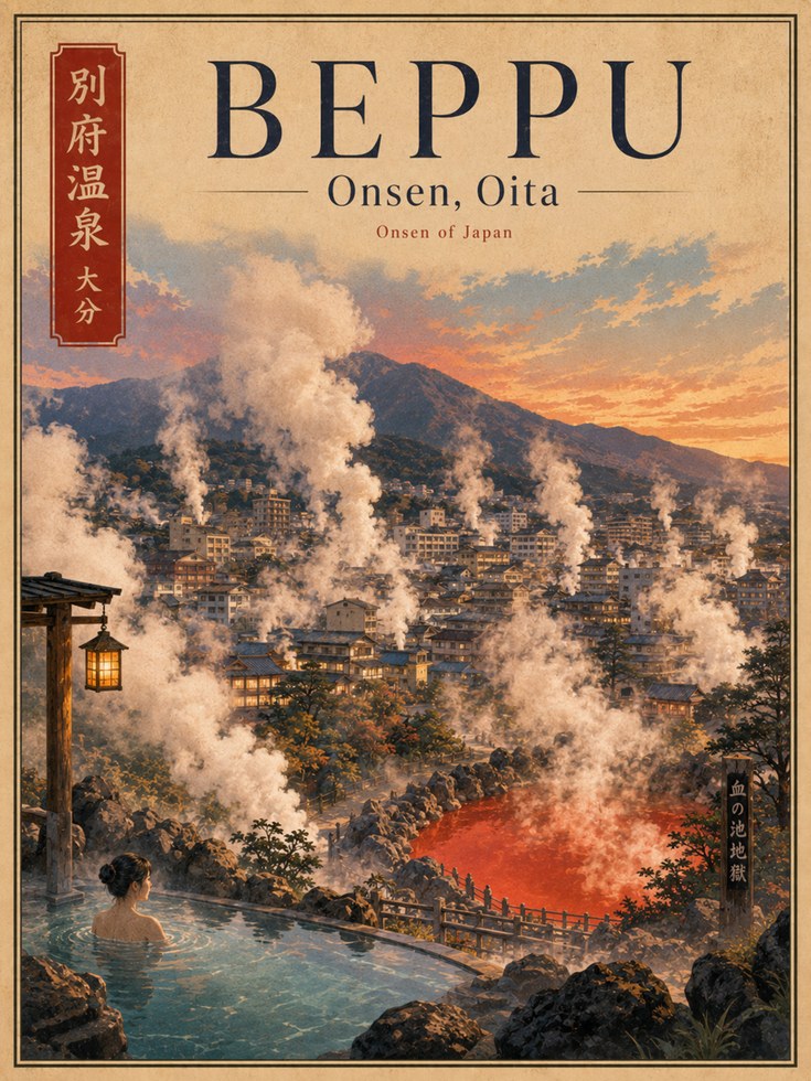 Beppu Onsen Print: Vintage Japanese Travel Poster (Japandi Decor) - artwork on paper