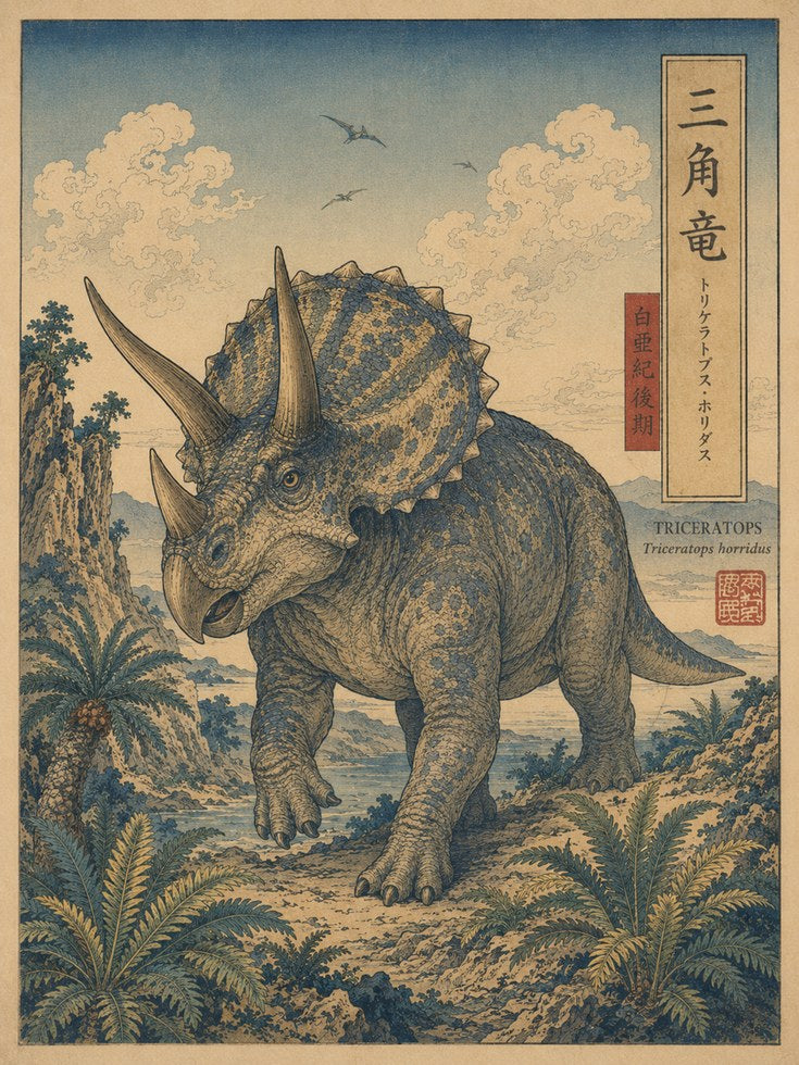 Ukiyo-e Triceratops Art Print - artwork on paper