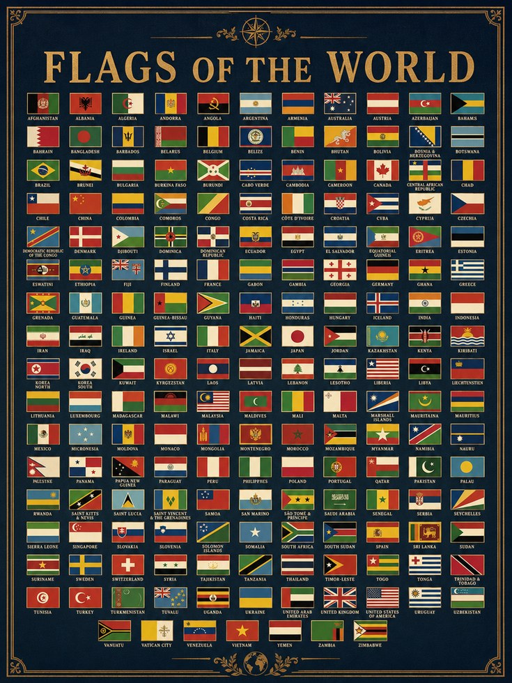 Flags of the World Poster: Vintage Educational Chart Art Print - artwork on paper