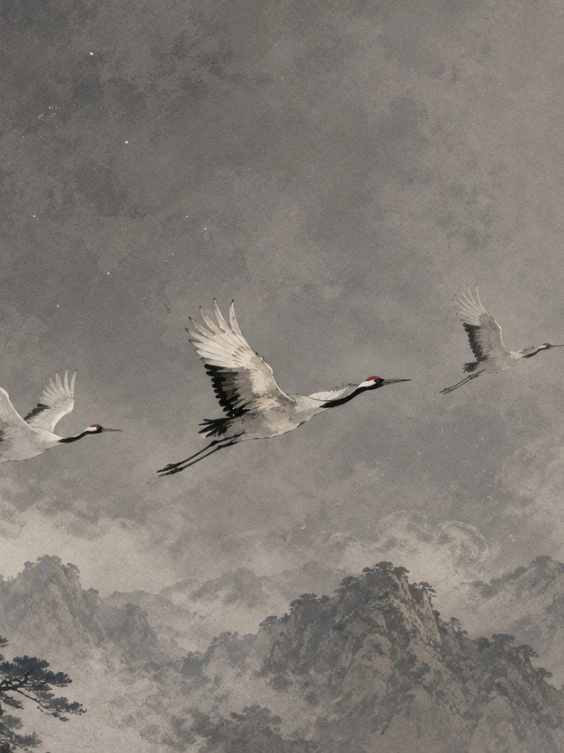 Flying Cranes Art Print: Japanese Ink Wash Mountain Landscape - artwork on paper