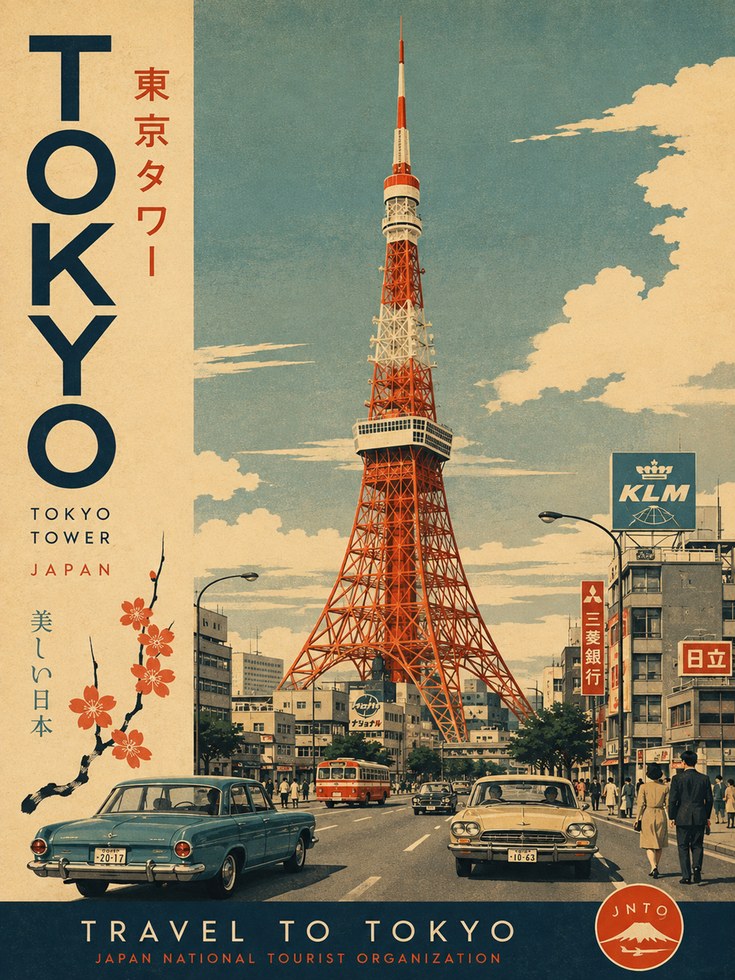 Vintage Tokyo Tower Travel Poster - artwork on paper