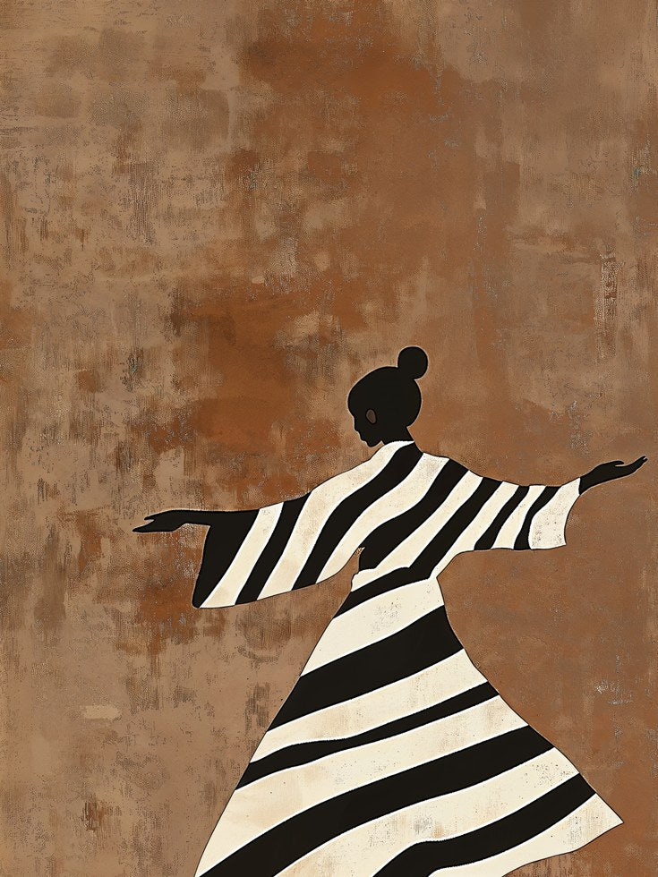 African Woman Dancing Print – Black Striped Dress - artwork on paper