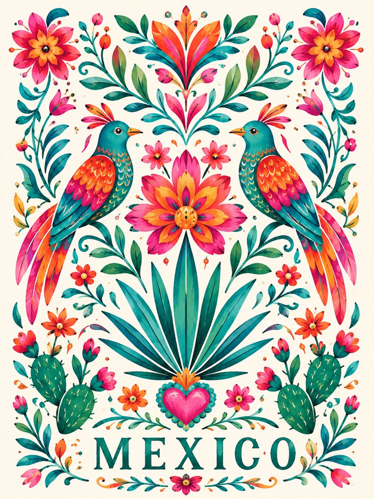 Mexican Folk Art Print – Colorful Bird Wall Art - artwork on paper