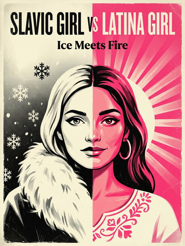 Ice Meets Fire Retro Poster: Split Portrait Pink Black Design - artwork on paper