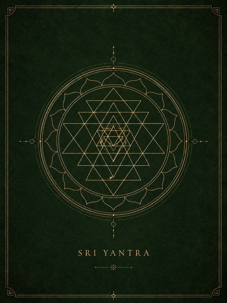 Sri Yantra Sacred Geometry Print: Gold Mandala on Green - artwork on paper