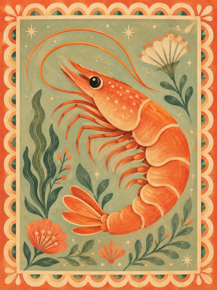 Shrimp Wall Art – Folk Art Kitchen Print - artwork on paper