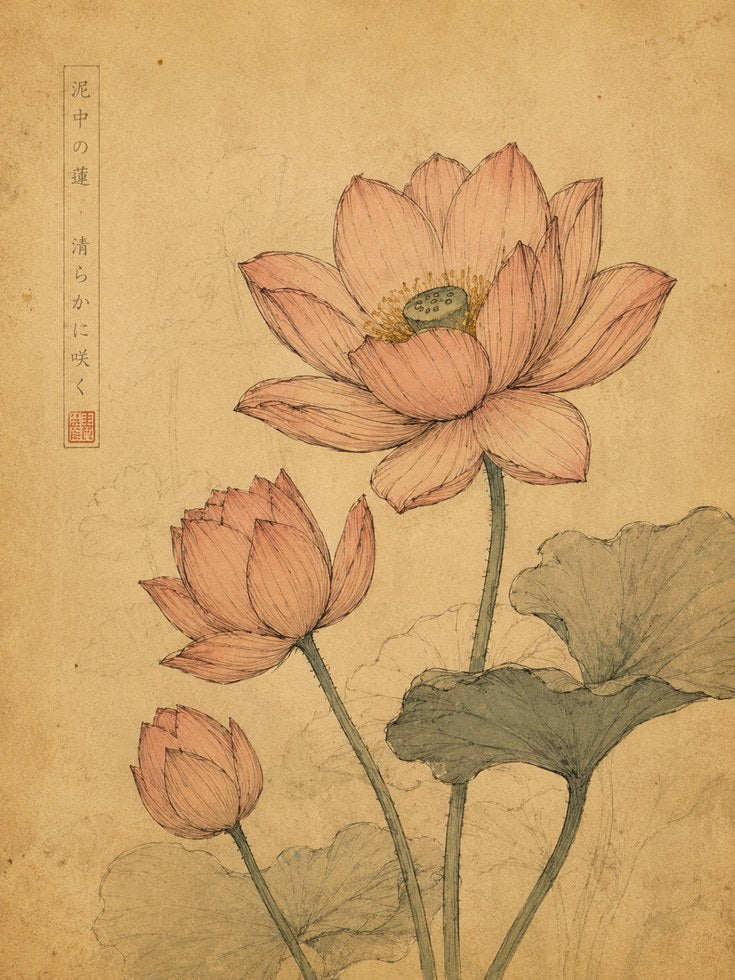 Lotus Flower Japanese Print — Vintage Botanical Illustration - artwork on paper