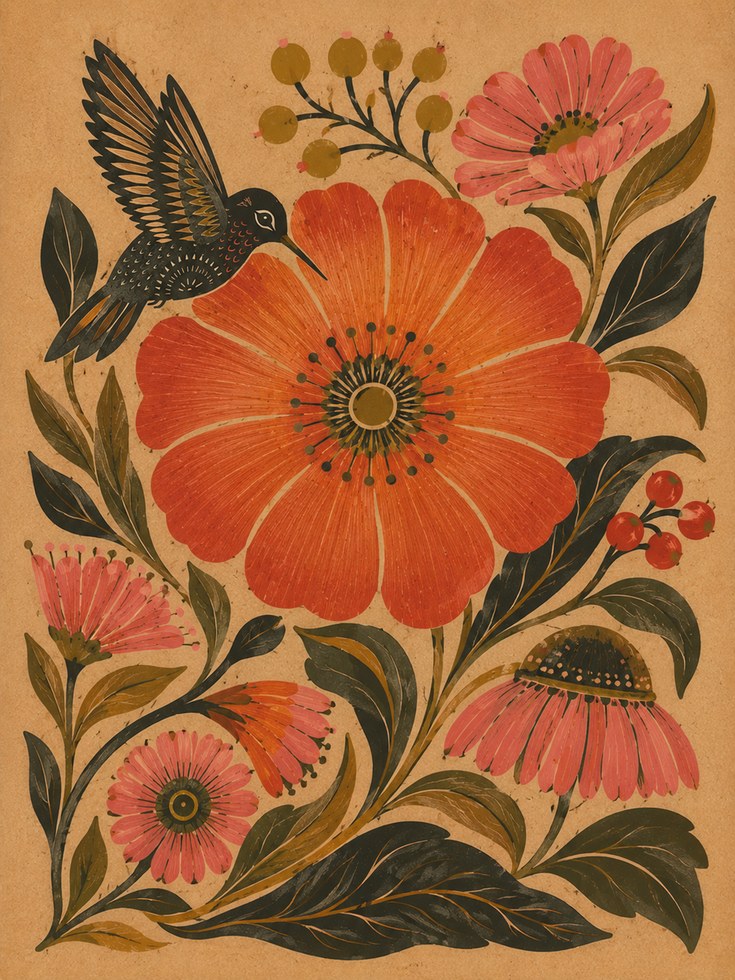 Vintage Hummingbird Floral Print — Folk Art Botanical Illustration - artwork on paper
