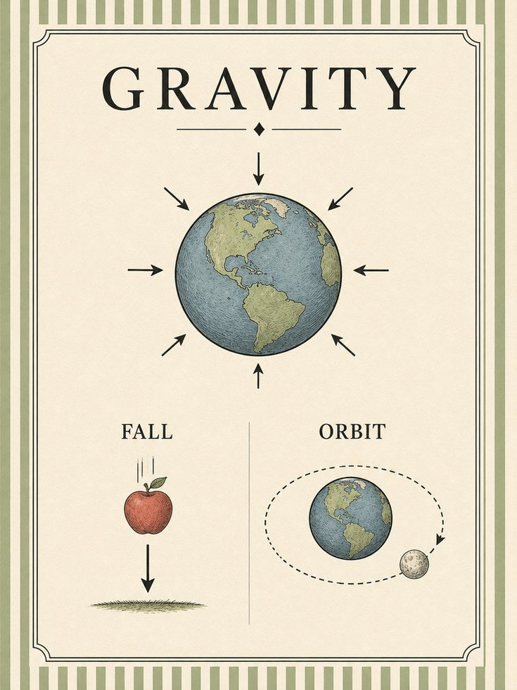 Gravity Educational Poster: Vintage Science Diagram Art Print - artwork on paper