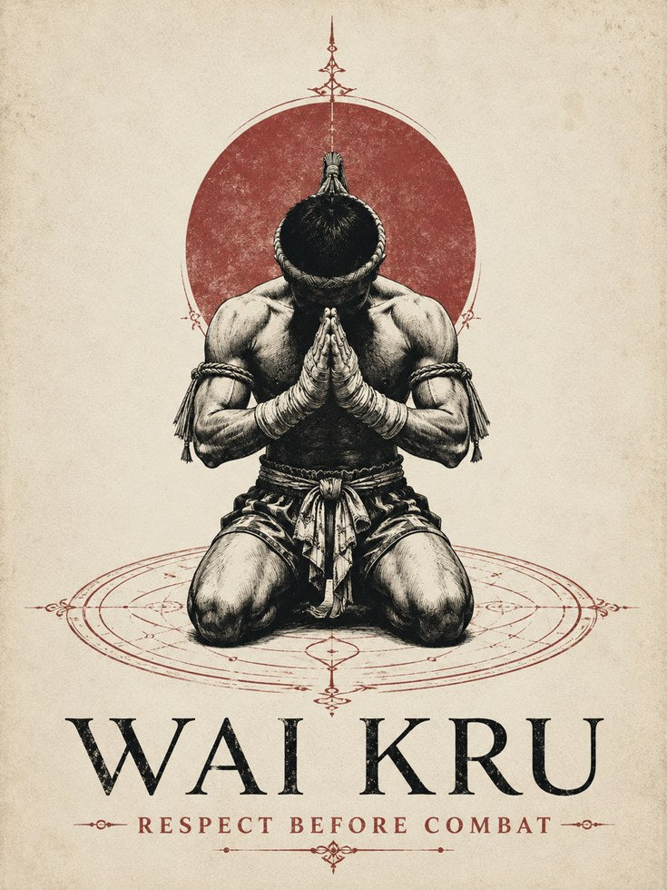 Muay Thai Fighter Wall Art: Vintage Red Circle Prayer Poster - artwork on paper