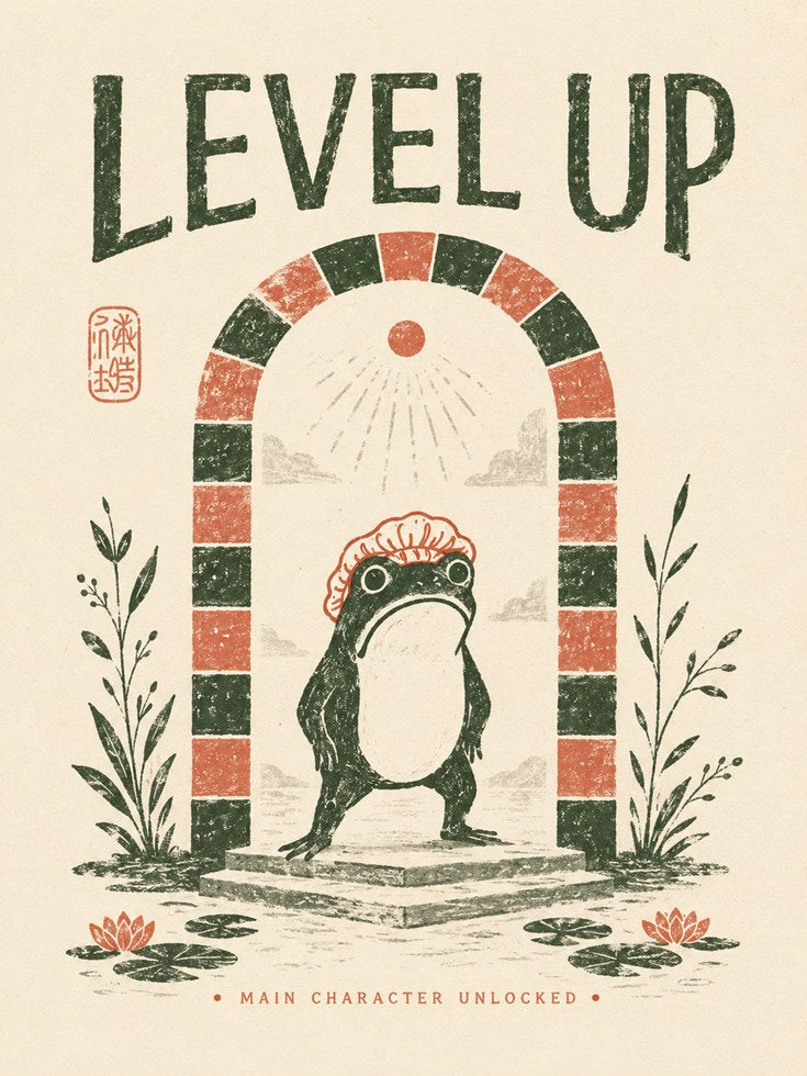 Frog Motivational Print – Level Up Wall Art - artwork on paper