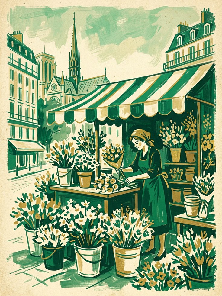 Paris Flower Shop Art Print: Vintage Green Botanical Illustration - artwork on paper