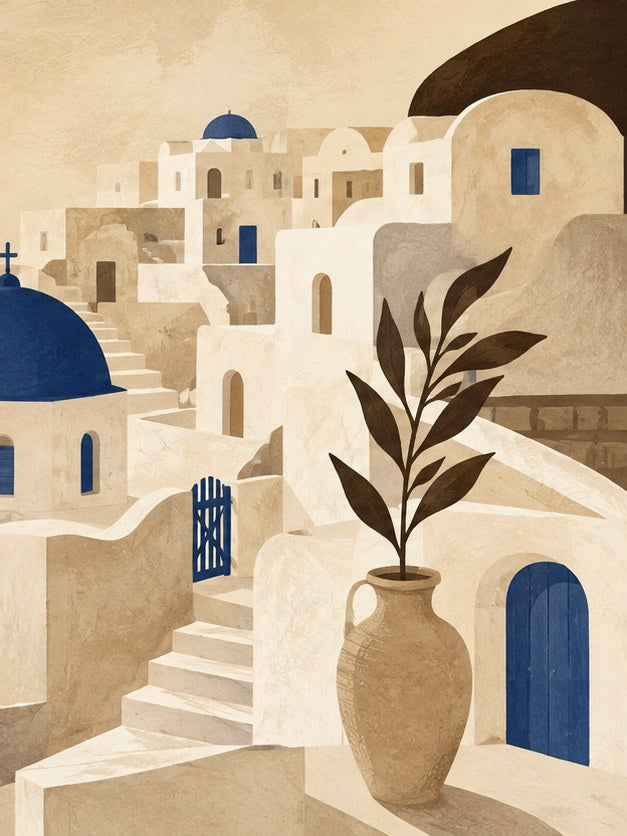 Greek Village Architecture Print: Mediterranean Beige Blue Wall Art - artwork on paper
