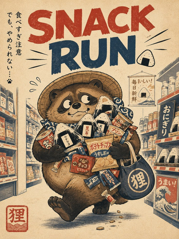 Japanese Raccoon Poster – Snack Run Retro Print - artwork on paper