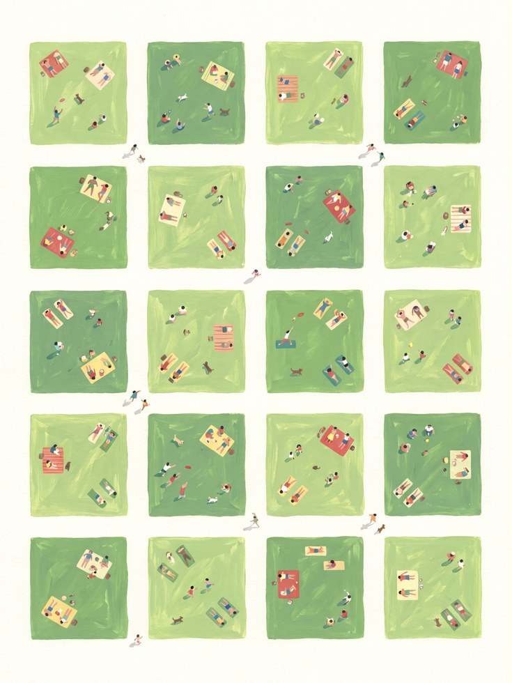 Whimsical Park Print – People on Grass - artwork on paper